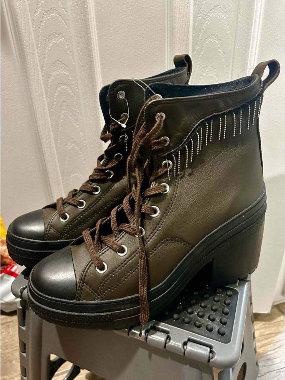 Olive Green Platform Converse Lace-Up Boots with Fringe